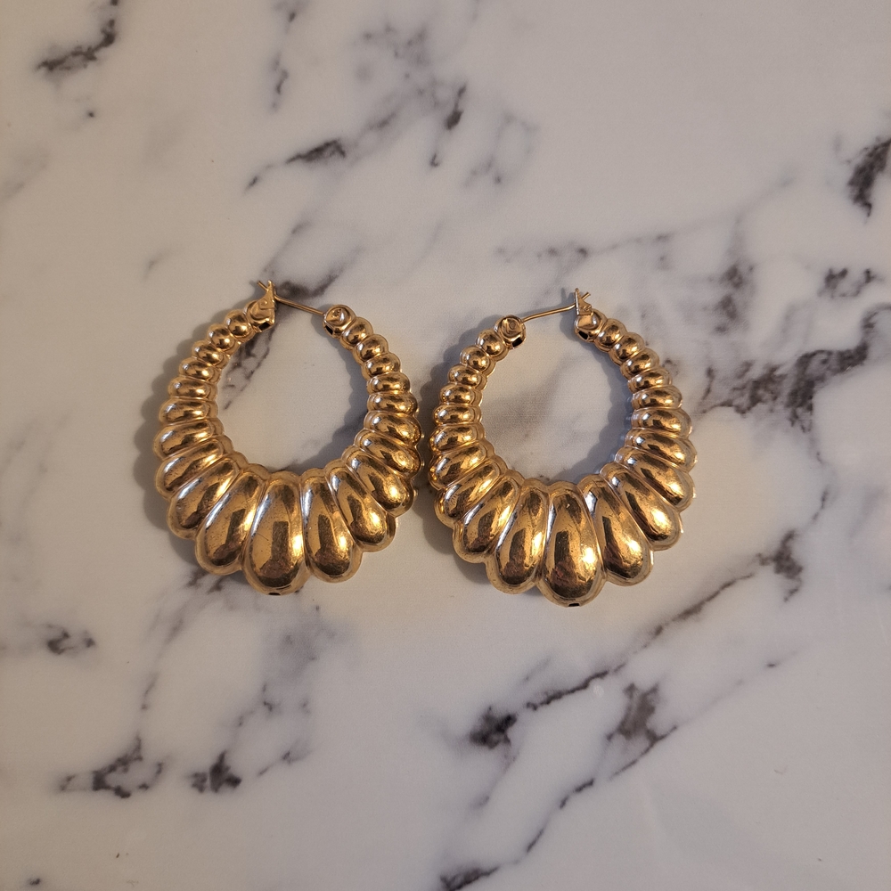 Monet Gold Puffy Ribbed Hoop Earrings